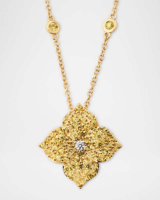 18K Gold Yellow Sapphire and Diamond Flower Pendant Necklace, 18"L